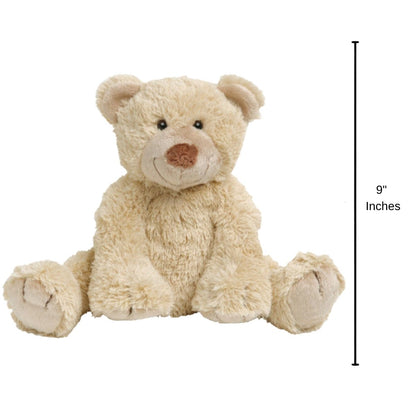 Happy Horse Bear Boogy plush teddy bear sitting down with a 9-inch height indicator graphic next to it.