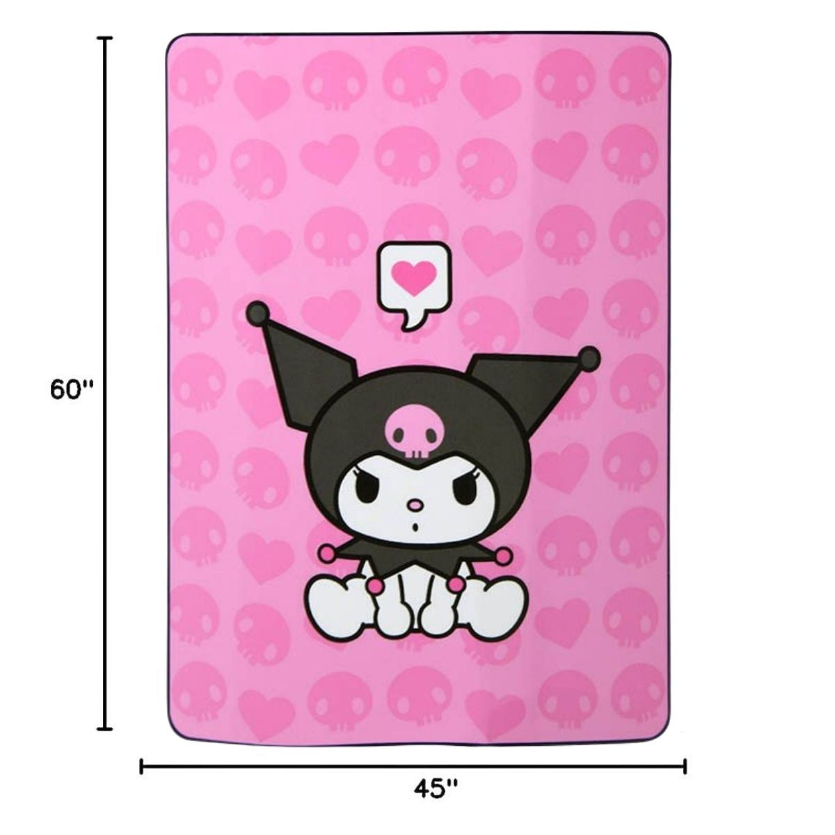 Sizing graphic for the Hello Kitty Kuromi blanket showing the full vibrant pink design, indicating a total size of 45 inches wide by 60 inches long.
