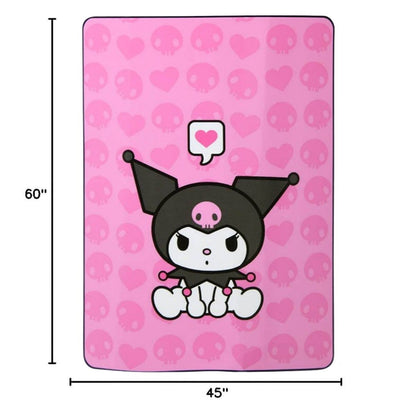 Sizing graphic for the Hello Kitty Kuromi blanket showing the full vibrant pink design, indicating a total size of 45 inches wide by 60 inches long.