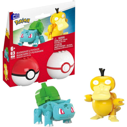 Mega Pokemon Poke Ball 2-Pack, Bulbasaur and Psyduck Action Figure Building Toys Set, 63 Pieces