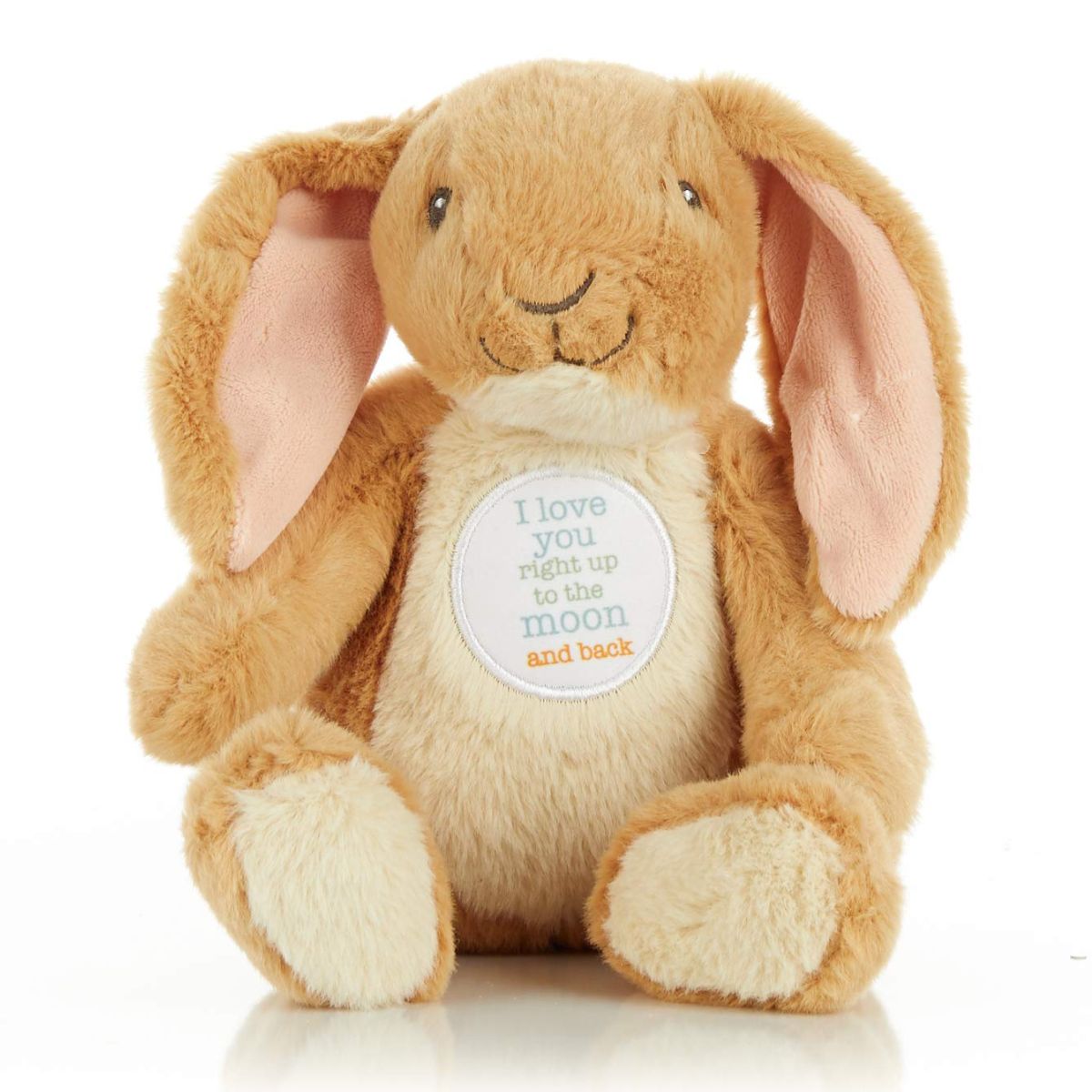 Guess How Much I Love You Little Nutbrown Hare 9-inch sitting plush bunny displaying a moon and back message patch on his belly.