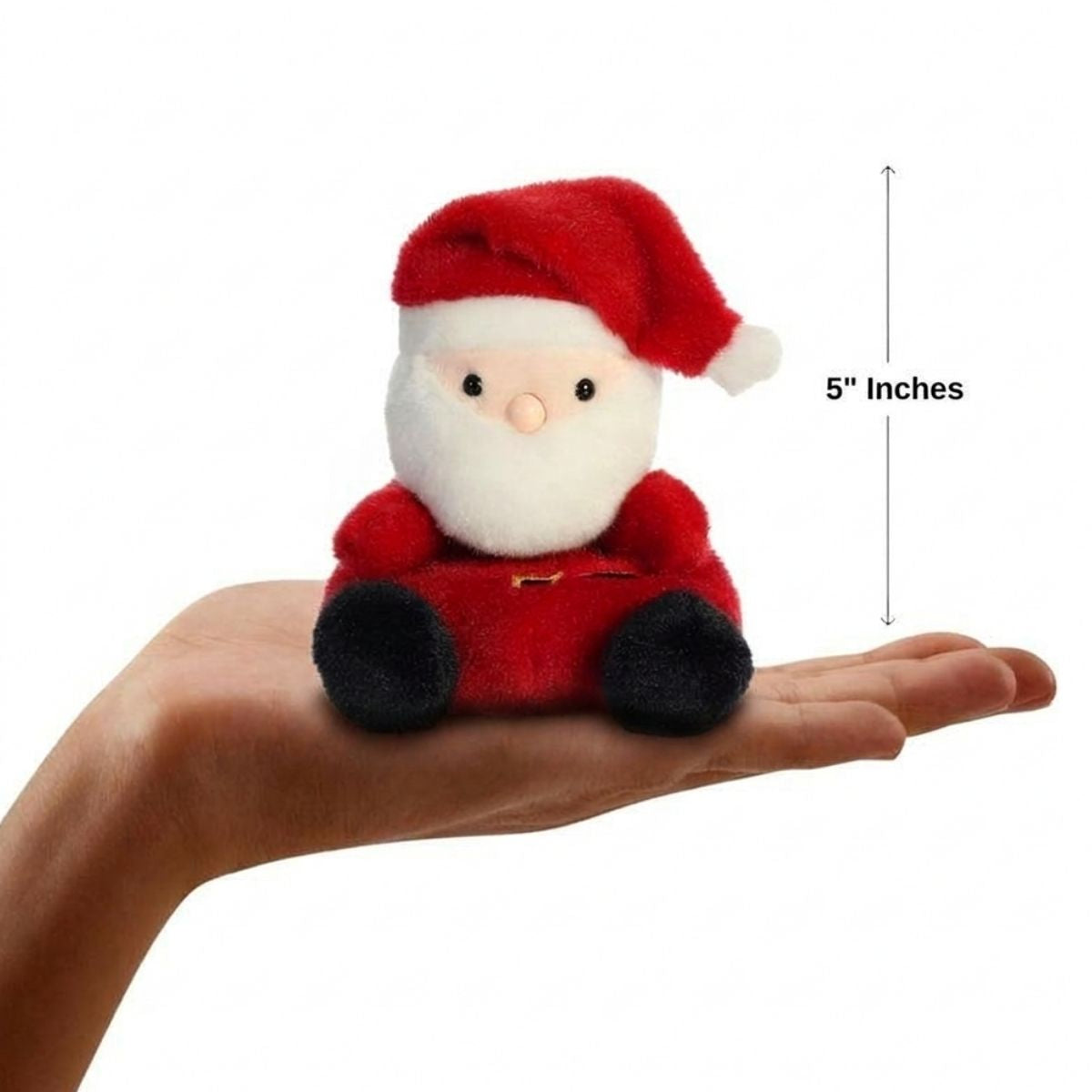 The miniature Santa Claus plush sitting balanced in an open human hand under a 5-inch height graphic indicator.