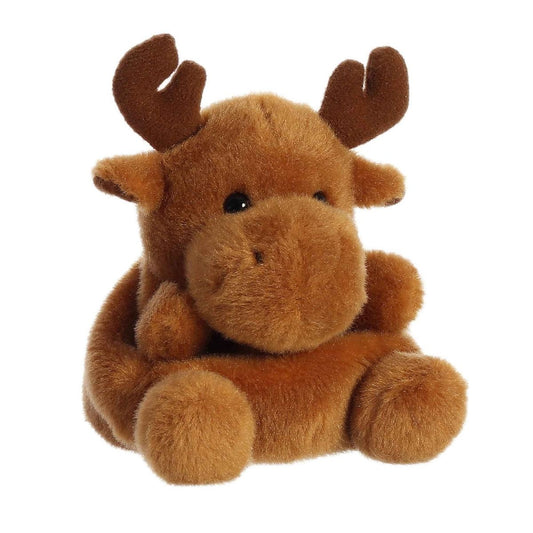 Aurora 5-inch Palm Pals Cinnamon Moose plush toy sitting at an angle showing its warm cinnamon-brown fur, prominent snout, and dark brown antlers.