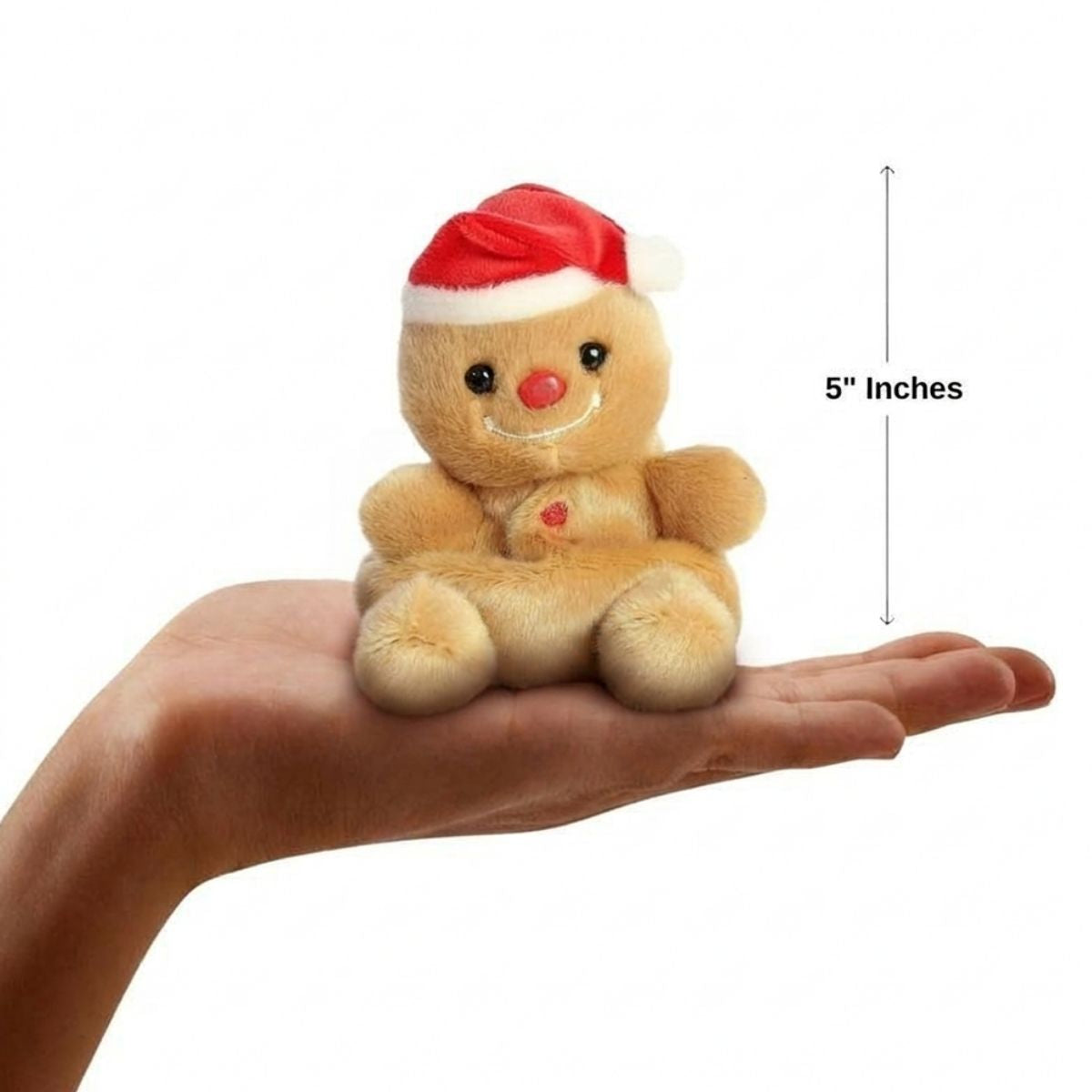 The miniature Gingy Gingerbread plush sitting balanced in an open human hand under a 5-inch height graphic indicator.