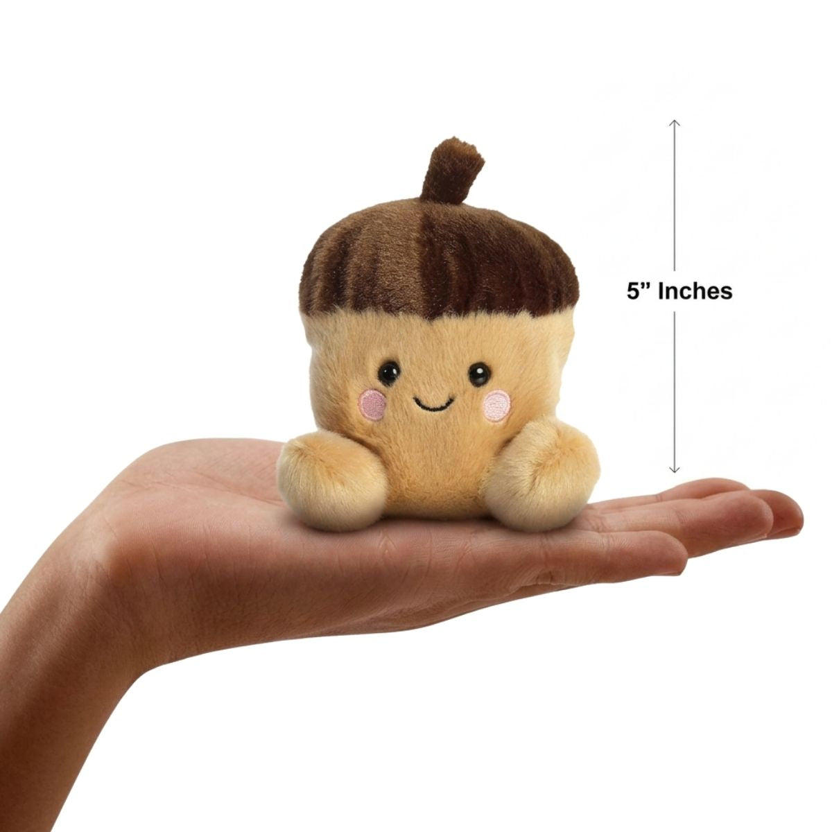 The miniature Oak Acorn plush sitting balanced in an open human hand under a 5-inch height graphic indicator.