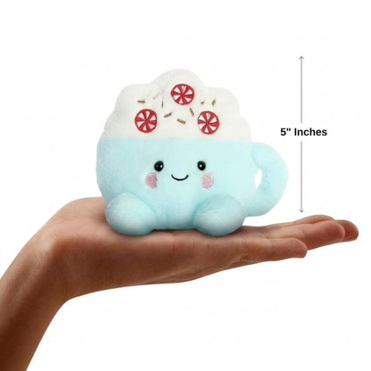 The miniature Piper Peppermint Latte plush sitting balanced in an open human hand under a 5-inch height graphic indicator.