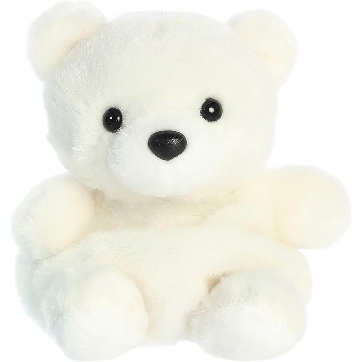 Straight-on front view of the soft white Palm Pals polar bear plush featuring a black nose and dark eyes.