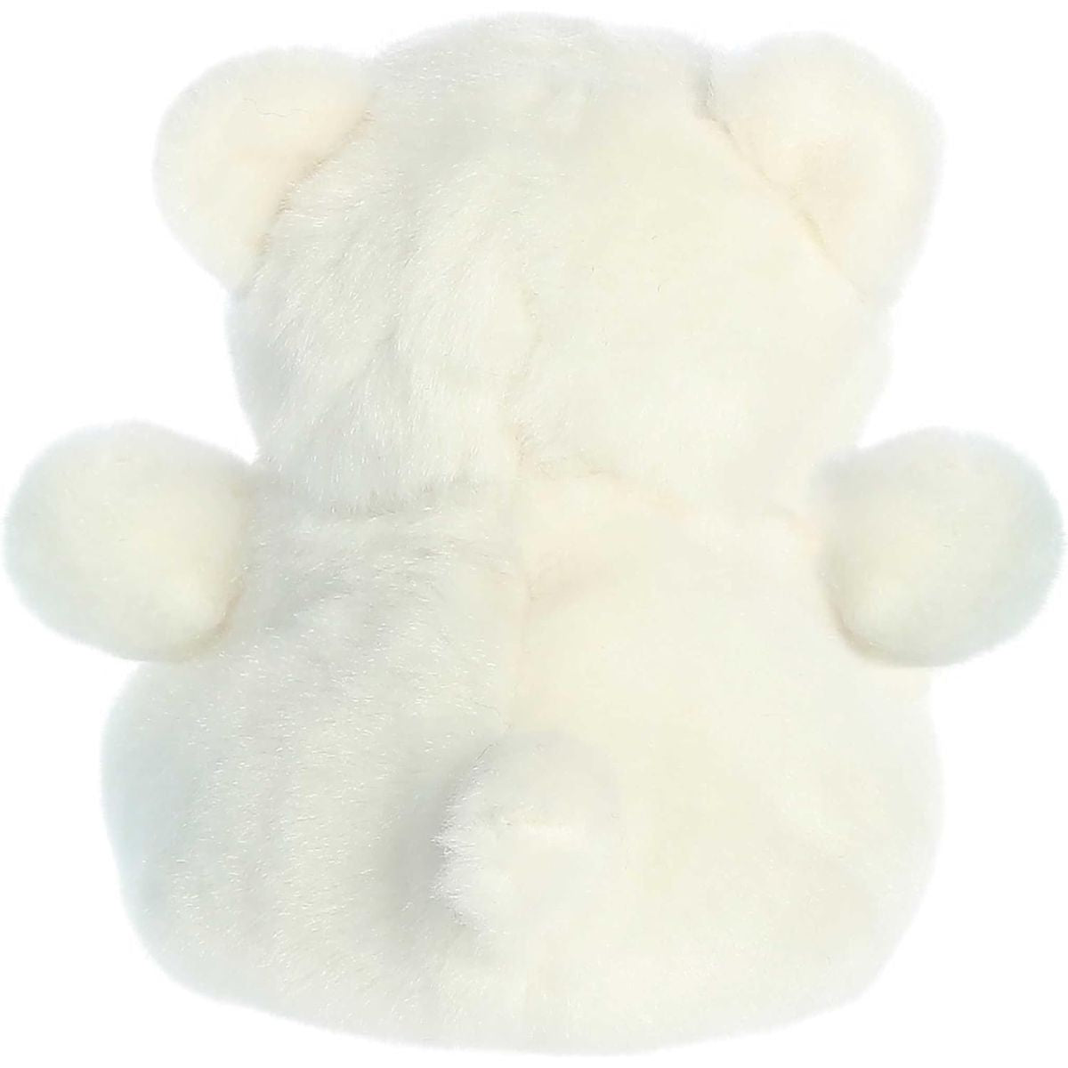Direct back view of the cuddly white Palm Pals polar bear stuffed animal showing its little ears and tail.