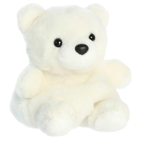 Angled front view of the 5-inch Aurora Palm Pals Puck Polar Bear white stuffed animal sitting upright.