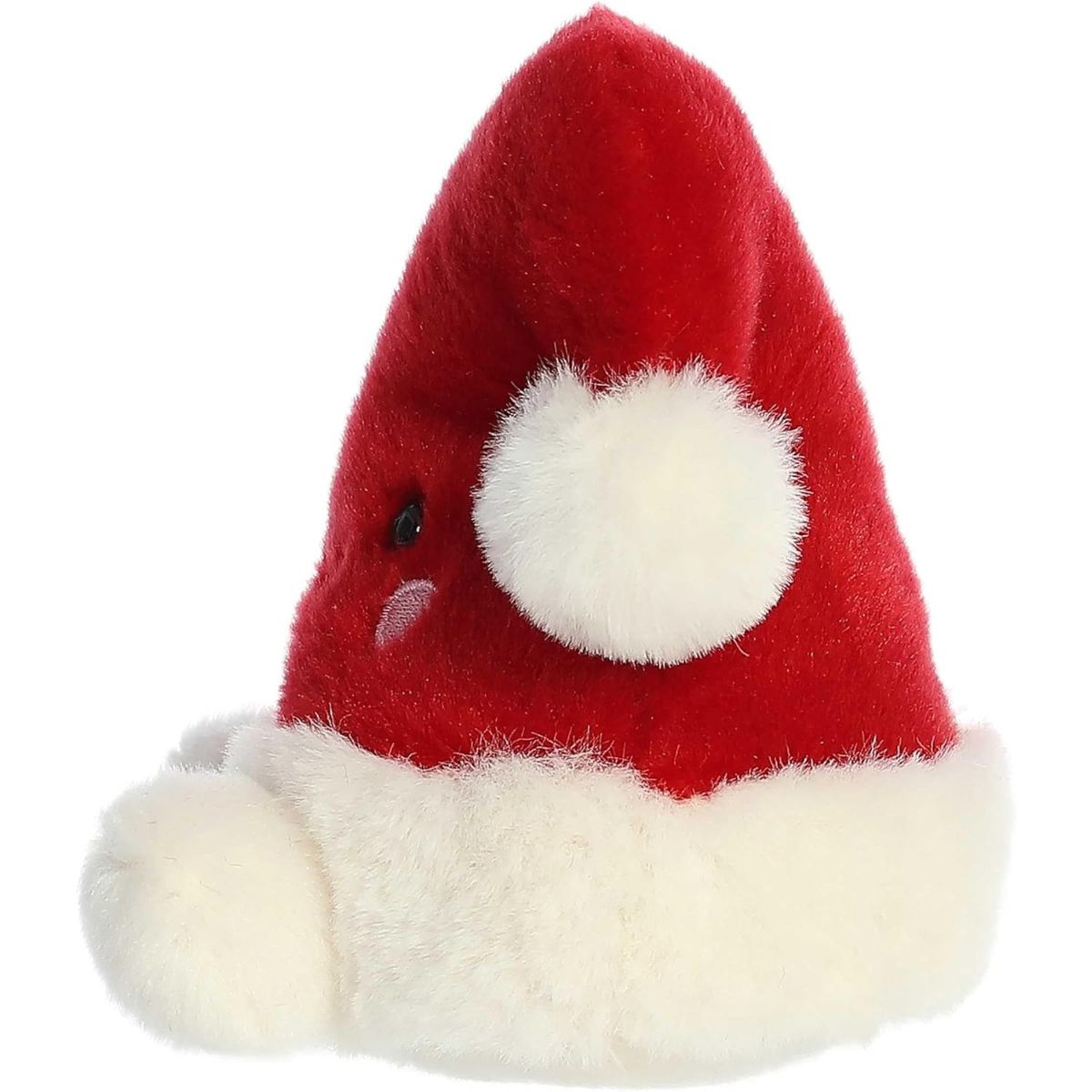 Side profile thumbnail of the mini Santa hat plush showcasing its sloped cone shape, side pom-pom placement, and soft cuffed base.