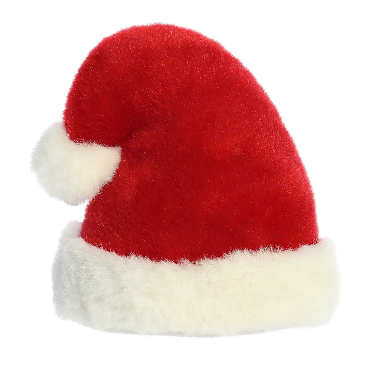 Rear thumbnail view of the Aurora Santa hat stuffed toy displaying its solid red plush back and thick white trim.
