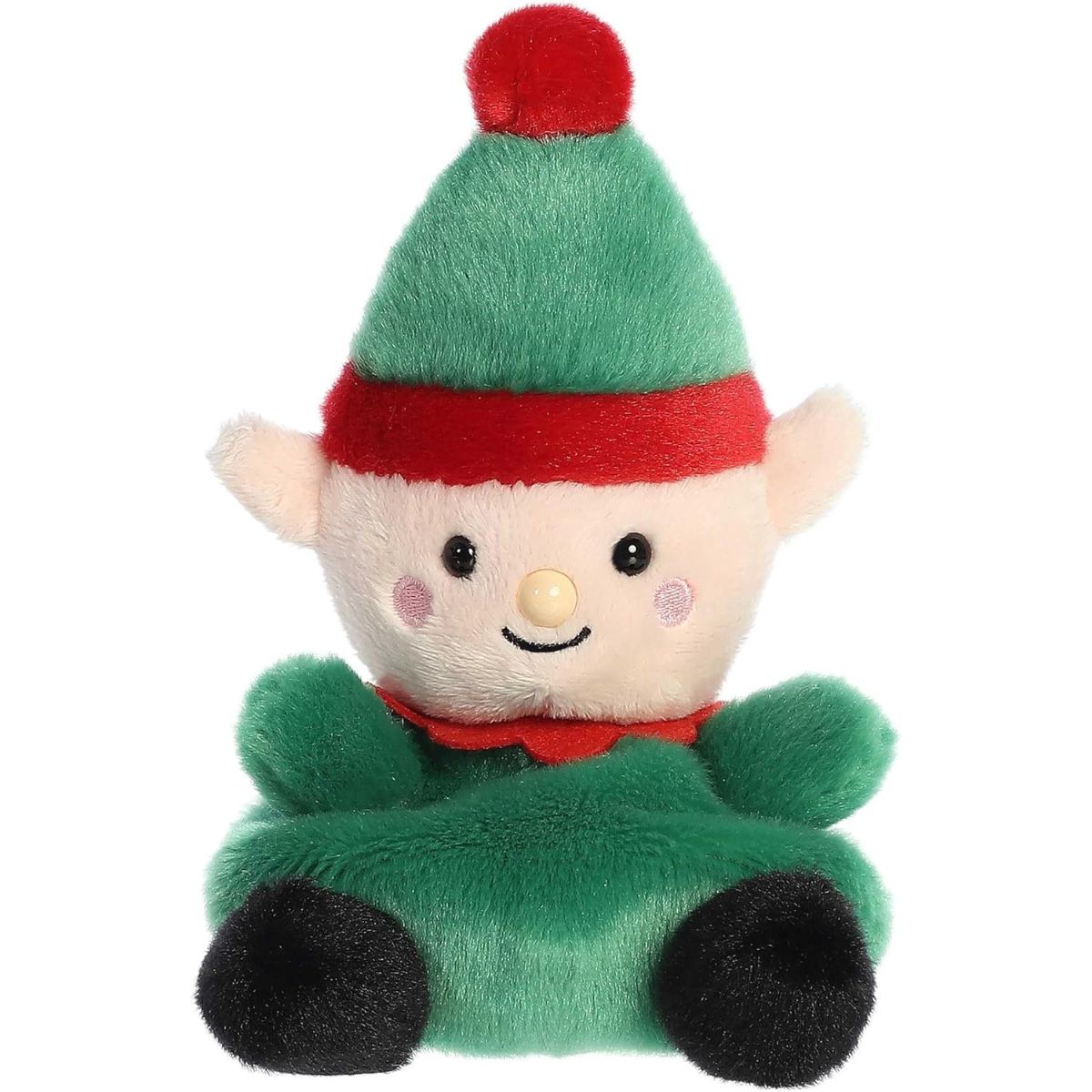 Front view thumbnail of the cute Jolly Elf plush sitting straight, highlighting its happy embroidered smile, rosy pink cheeks, and small black shoes.