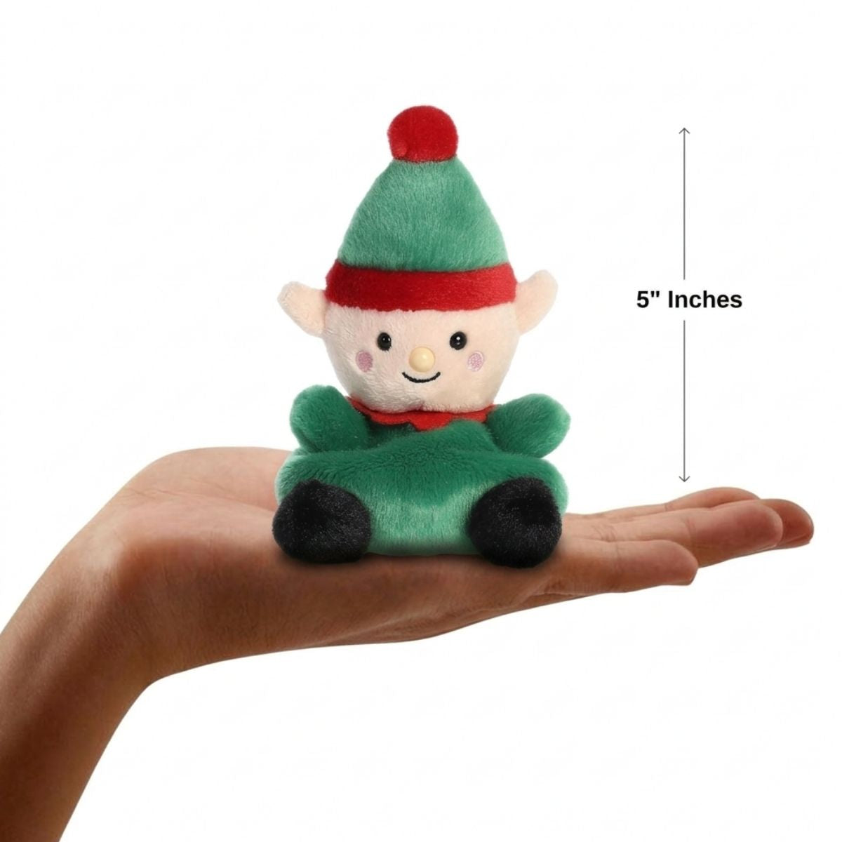 The miniature Jolly Elf plush sitting balanced in an open human hand under a 5-inch height graphic indicator.