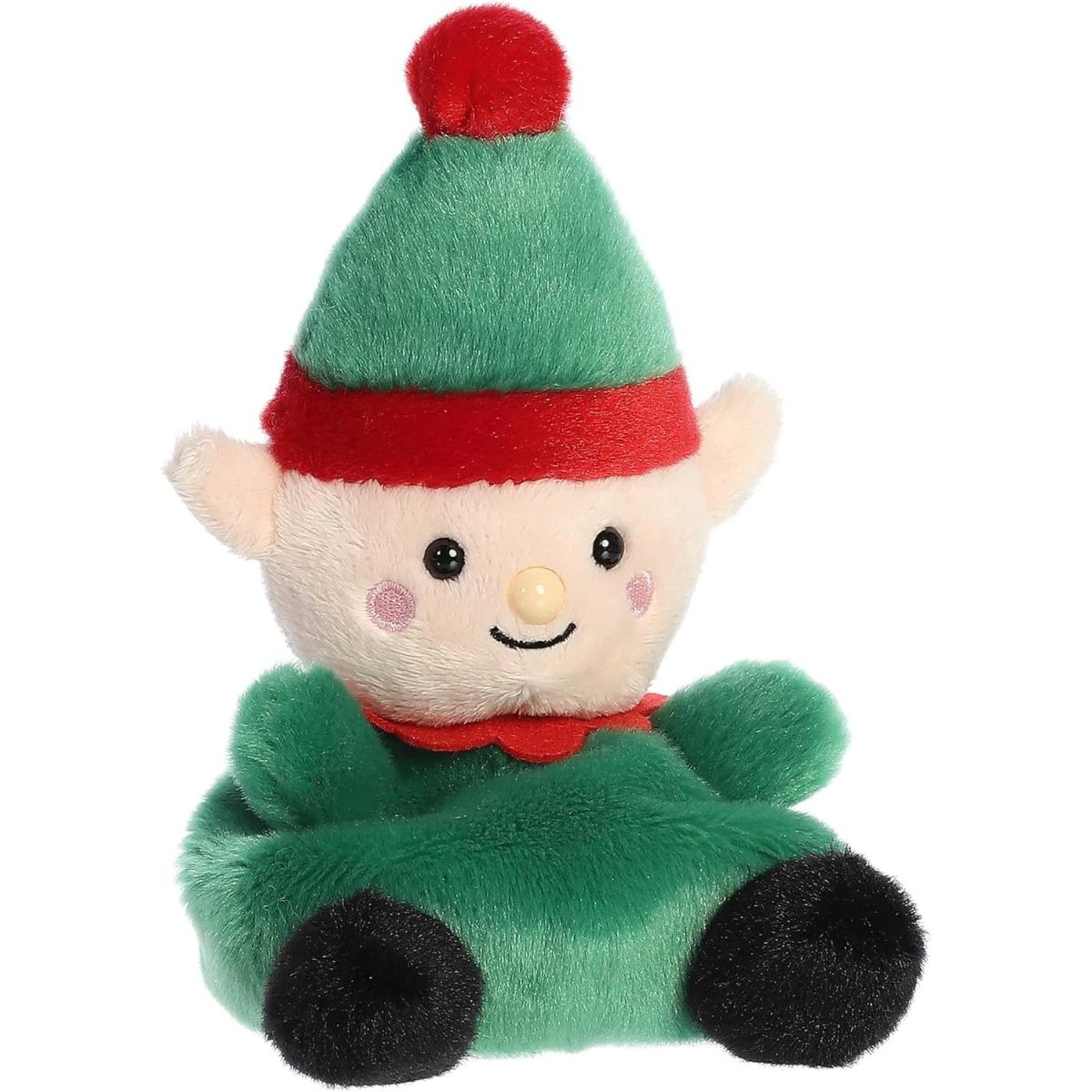 Aurora 5-inch Palm Pals Jolly Elf plush toy showing its forest-green tunic, pointed ears, red collar accent, and a green pointed hat with a red pom-pom on top.