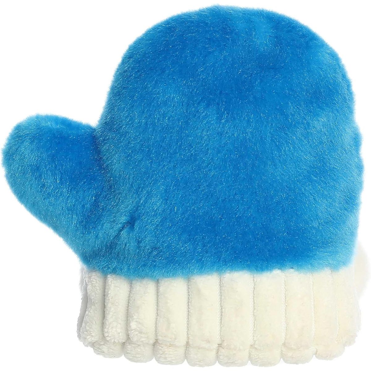 Rear thumbnail view of the Aurora winter mitten stuffed toy displaying its solid blue plush back and white ribbed cuff.