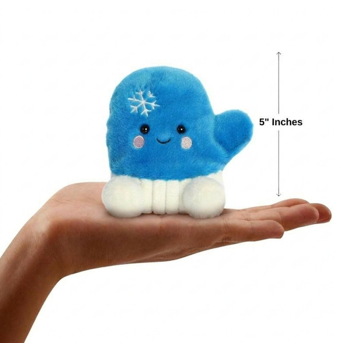 The miniature Merry Mitten plush sitting balanced in an open human hand under a 5-inch height graphic indicator.
