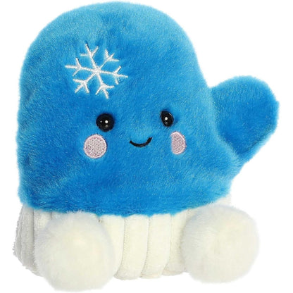 Aurora 5-inch Palm Pals Merry Mitten plush toy showing its vibrant cerulean blue glove body, a white embroidered snowflake on the corner, a white ribbed cuff, and a sweet smiling face.