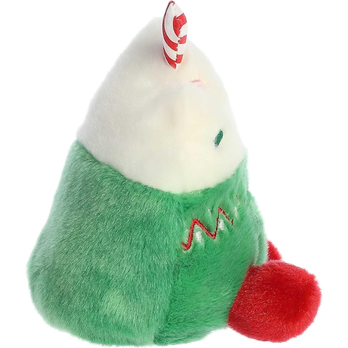 Side profile thumbnail of the mini hot cocoa plush showing its green handle and the cone-like shape of the fluffy whipped cream topping.