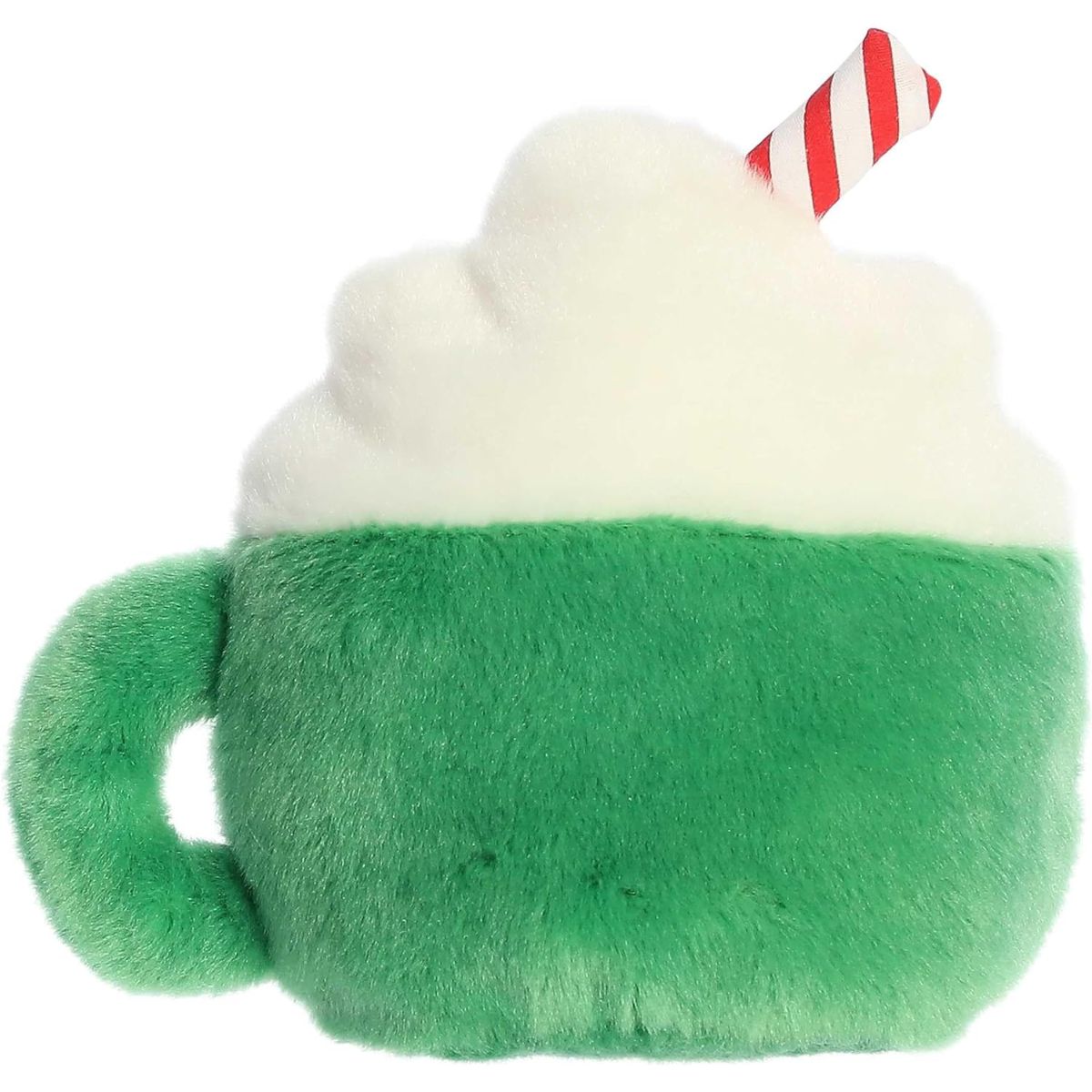 Rear thumbnail view of the Aurora hot cocoa stuffed toy displaying its smooth green mug back and the peppermint stick sticking out of the white cream.