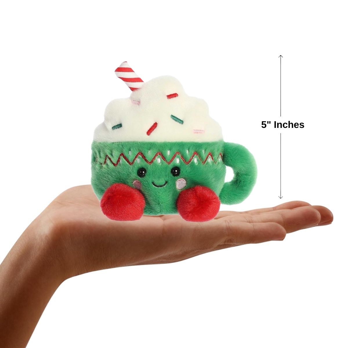 The miniature Candace Hot Cocoa plush sitting balanced in an open human hand under a 5-inch height graphic indicator.