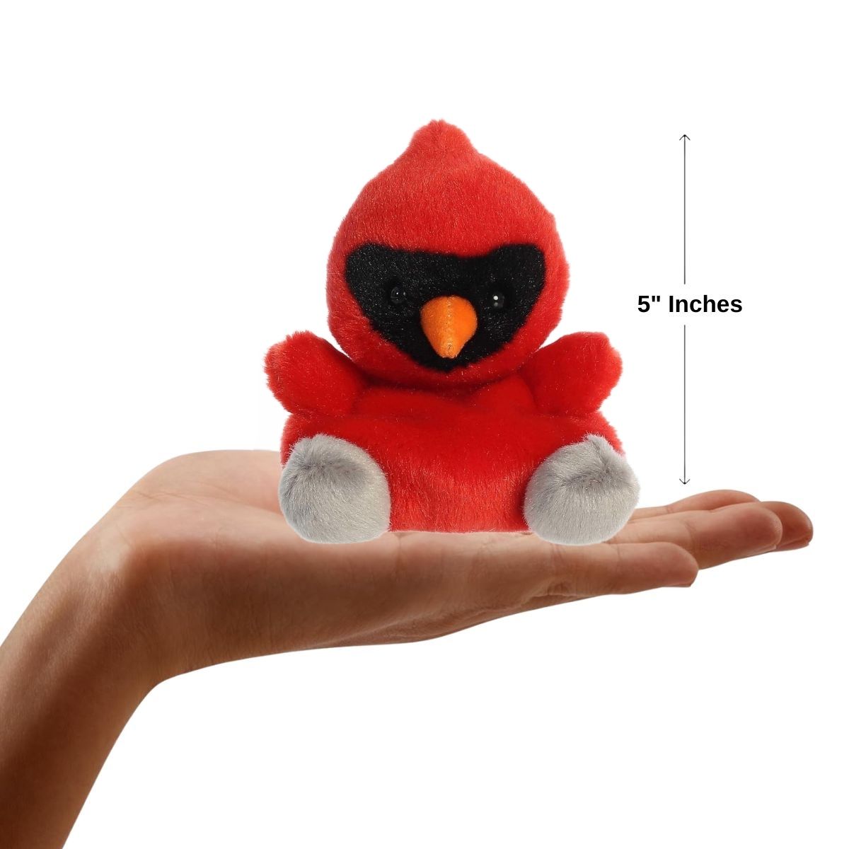 The miniature Louis Cardinal plush sitting balanced in an open human hand under a 5-inch height graphic indicator.