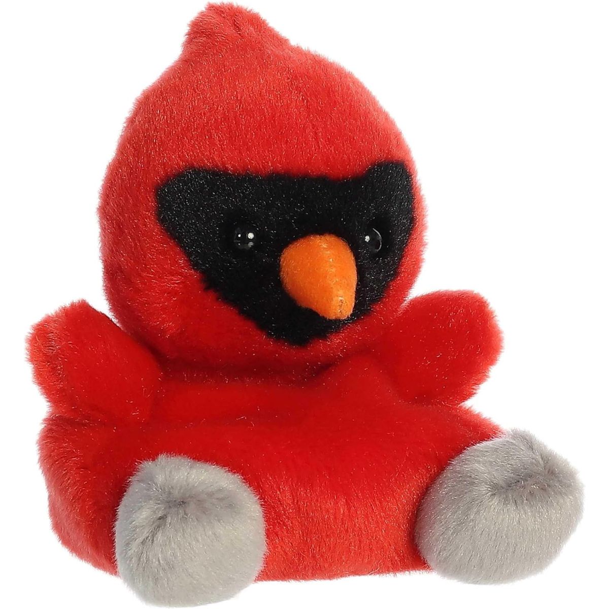Aurora 5-inch Palm Pals Louis Cardinal plush toy sitting at an angle showing its bright red body, black face mask, orange beak, and soft gray feet.