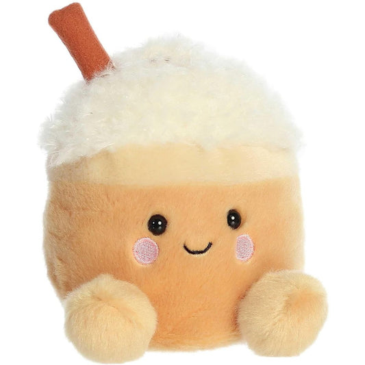 Aurora 5-inch Palm Pals Speckle Pumpkin Spice Latte plush toy showing its caramel-tan cup body, fluffy cream whipped cream top, cinnamon stick, and happy smiling face.