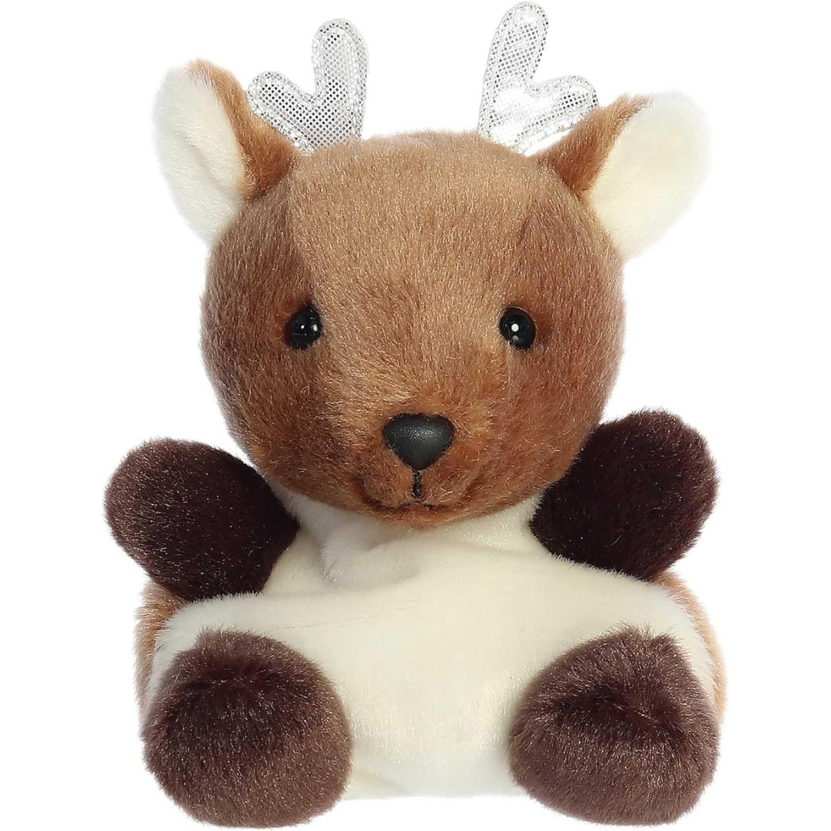 Front view thumbnail of the cute Dash Reindeer plush sitting straight, showcasing its dark button nose and symmetrical silver antlers.