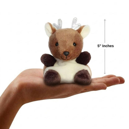 The miniature Dash Reindeer plush sitting balanced in an open human hand under a 5-inch height graphic indicator.