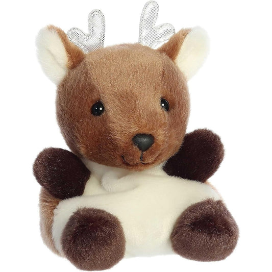 Aurora 5-inch Palm Pals Dash Reindeer plush toy showing its soft brown body, cream-white belly, dark brown hooves, and shimmering silver antlers.