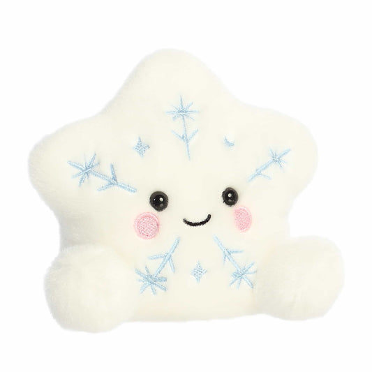 Aurora 5-inch Palm Pals Glisten Snowflake plush toy showing its snow-white star-like body, ice-blue embroidered crystal patterns, and happy smiling face.