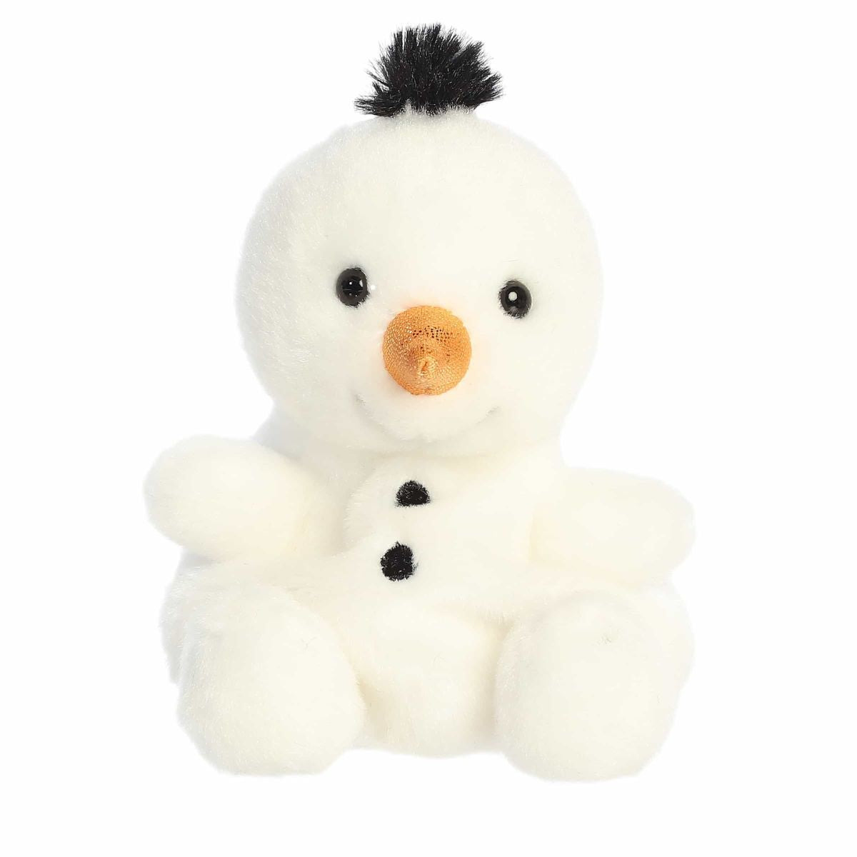 A close-up front portrait thumbnail of the Freeze Snowman plush highlighting its embroidered black eyes, happy smile, and coal buttons.