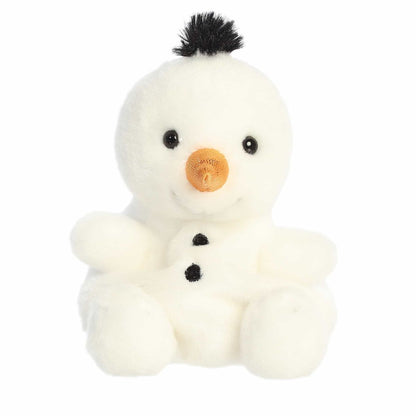 A close-up front portrait thumbnail of the Freeze Snowman plush highlighting its embroidered black eyes, happy smile, and coal buttons.