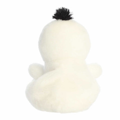 The rear thumbnail view of the white Aurora seasonal snowman stuffed toy displaying its clean, round backing and black top accent.