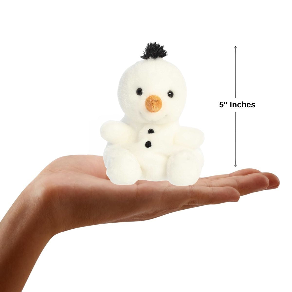 The miniature Freeze Snowman plush sitting balanced inside an open human hand under a 5-inch height graphic indicator.