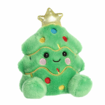 Aurora Palm Pals Douglas 5-inch Christmas Tree plush stuffed toy sitting forward with a dark overlay border highlighting its green body.