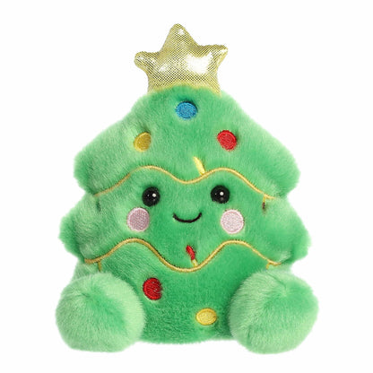 Plush toy shaped like a Christmas tree with a star on top, lights, and a smiley face on a white background.