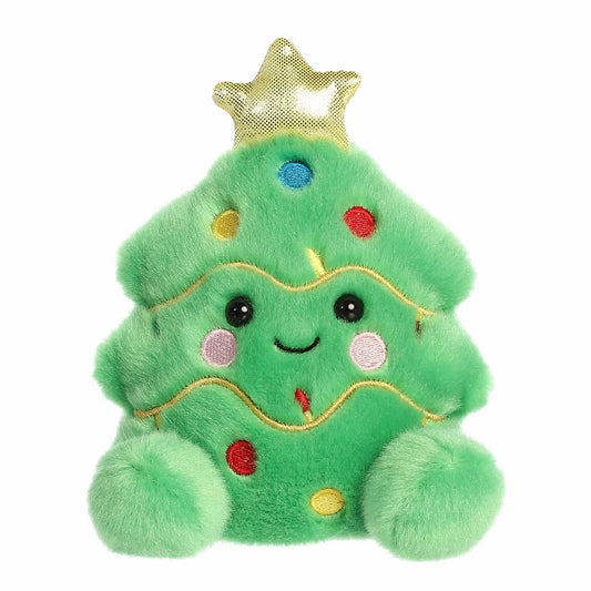 Plush toy shaped like a Christmas tree with a star on top, lights, and a smiley face on a white background.