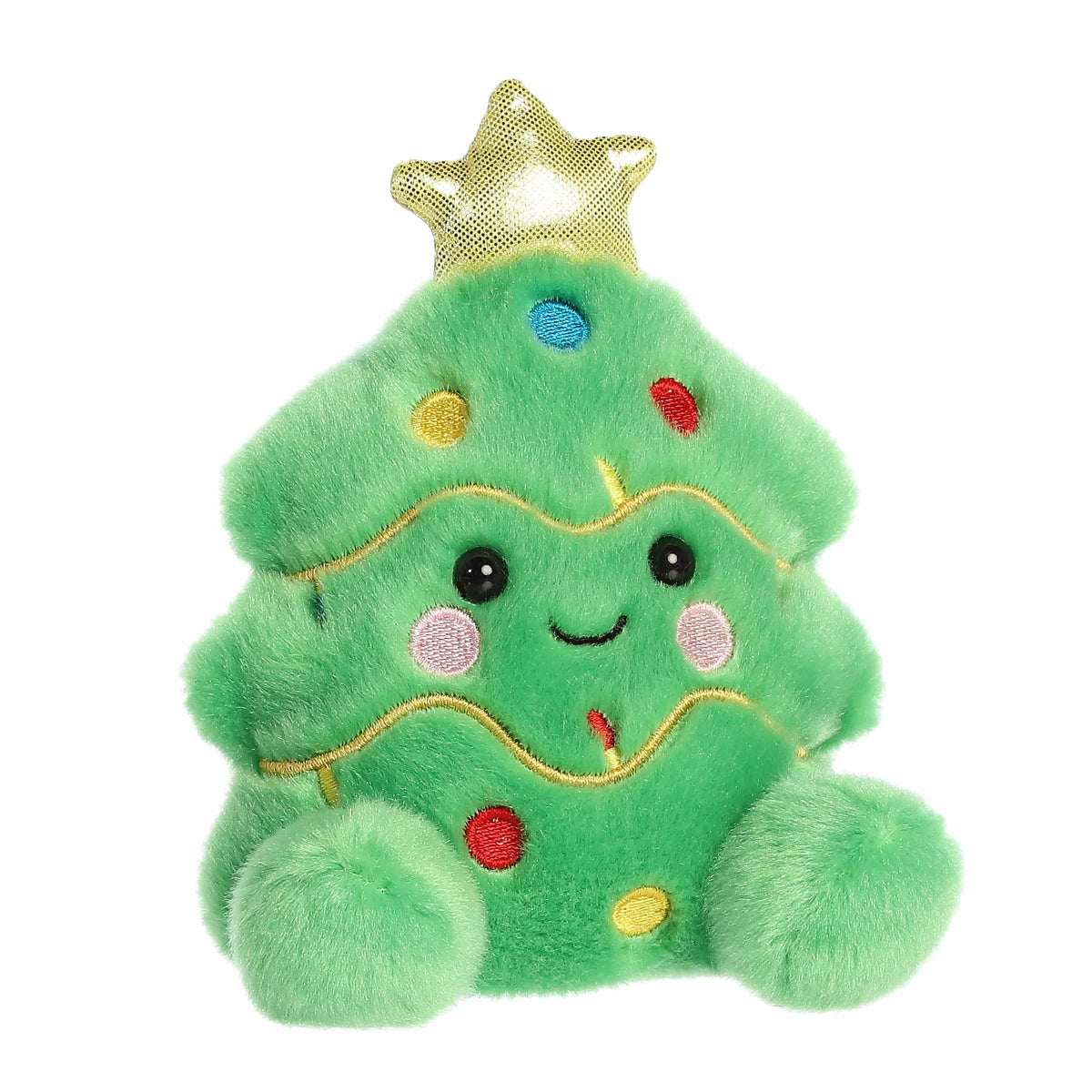 Plush toy shaped like a Christmas tree with a smiling face, colorful lights, and a gold star on a white background.