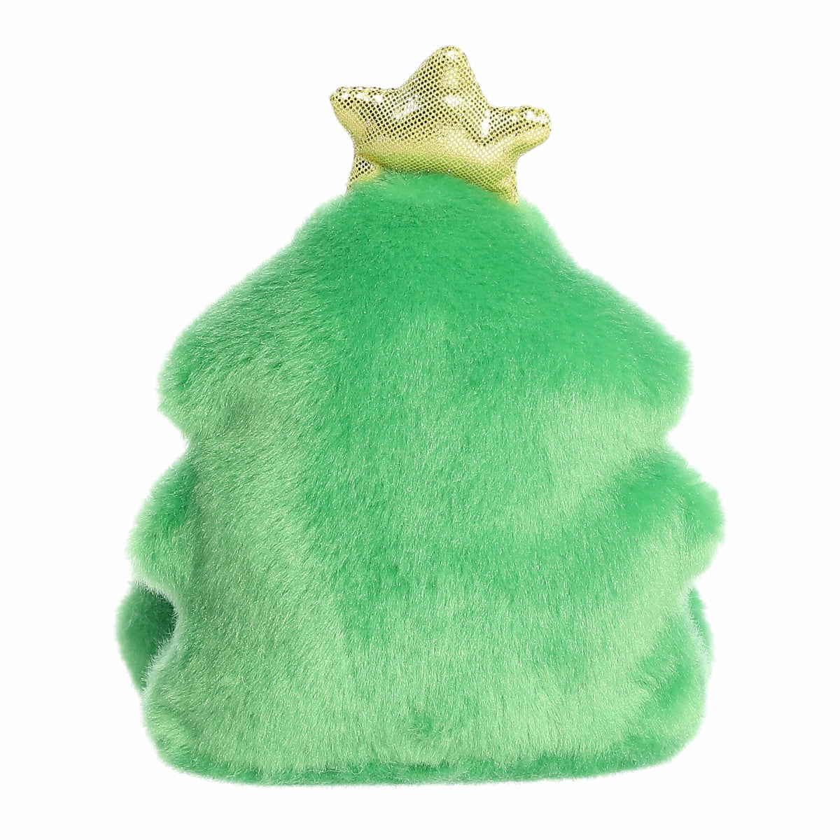 Green plush toy shaped like a Christmas tree with a gold crown on a white background