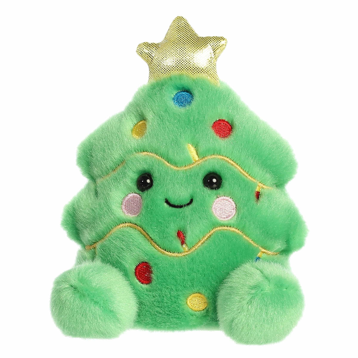 Plush toy shaped like a Christmas tree with a smiling face, lights, and a star on a white background.