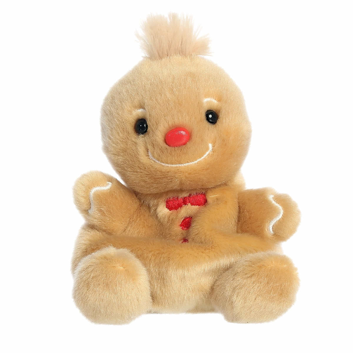 Plush toy resembling a gingerbread man with a red nose and heart on a white background