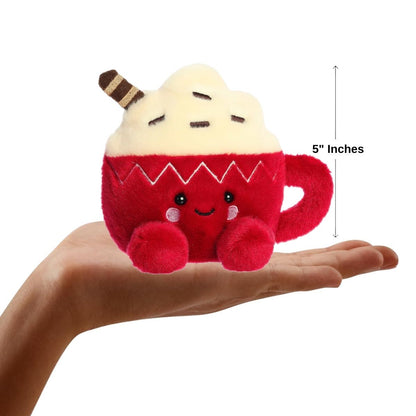 The miniature Cassia Hot Cocoa plush sitting inside an open human hand displaying a 5-inch height indicator graphic.