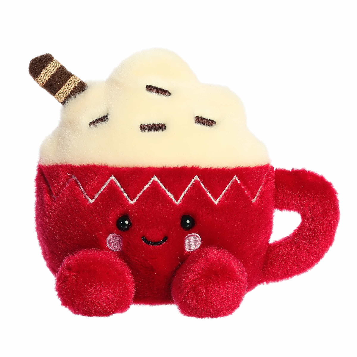 Plush toy resembling a red cup with hot chocolate on a white background