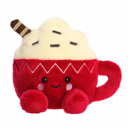 Plush toy resembling a red cup with hot chocolate on a white background