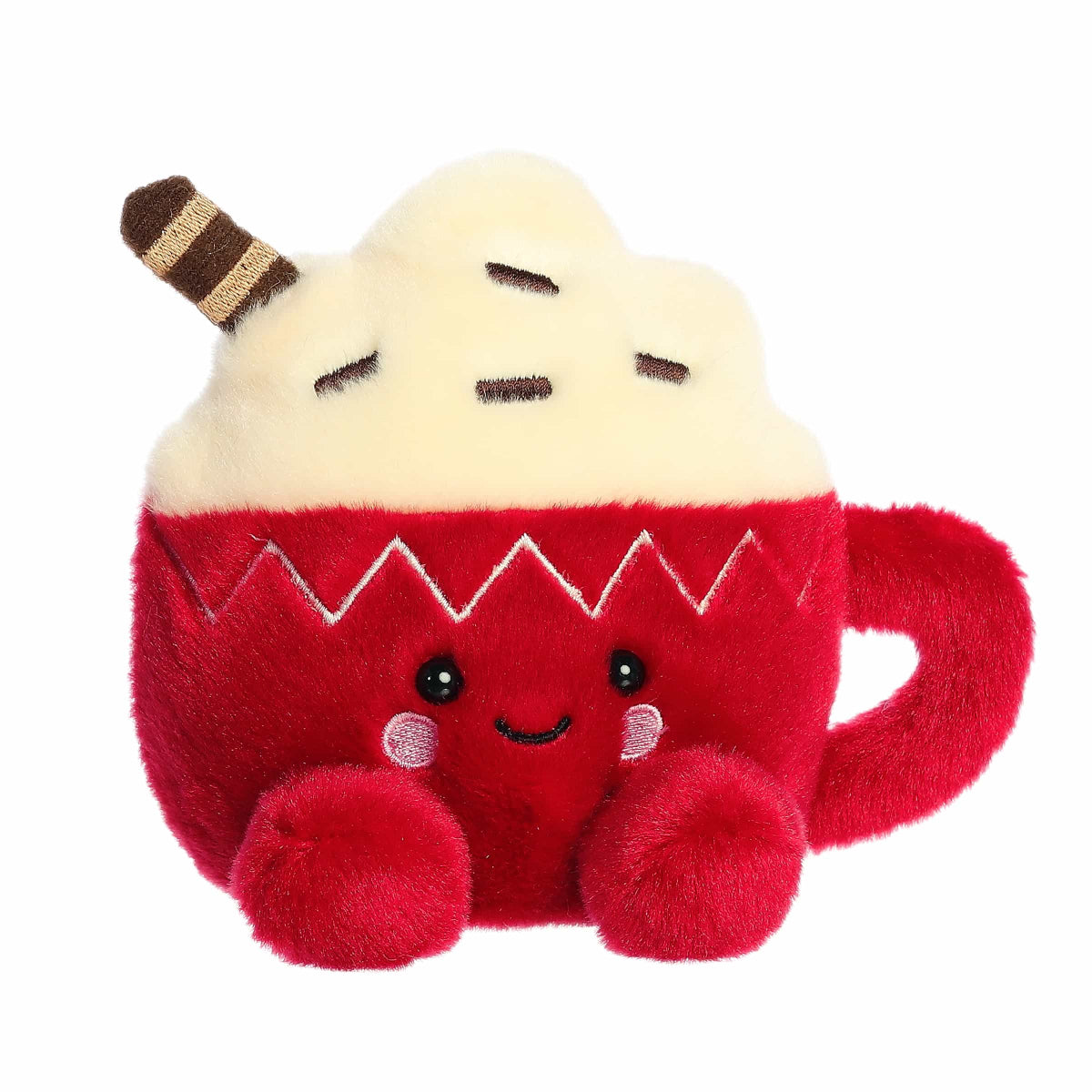 Plush toy resembling a red cup with hot chocolate and chocolate topping on a white background