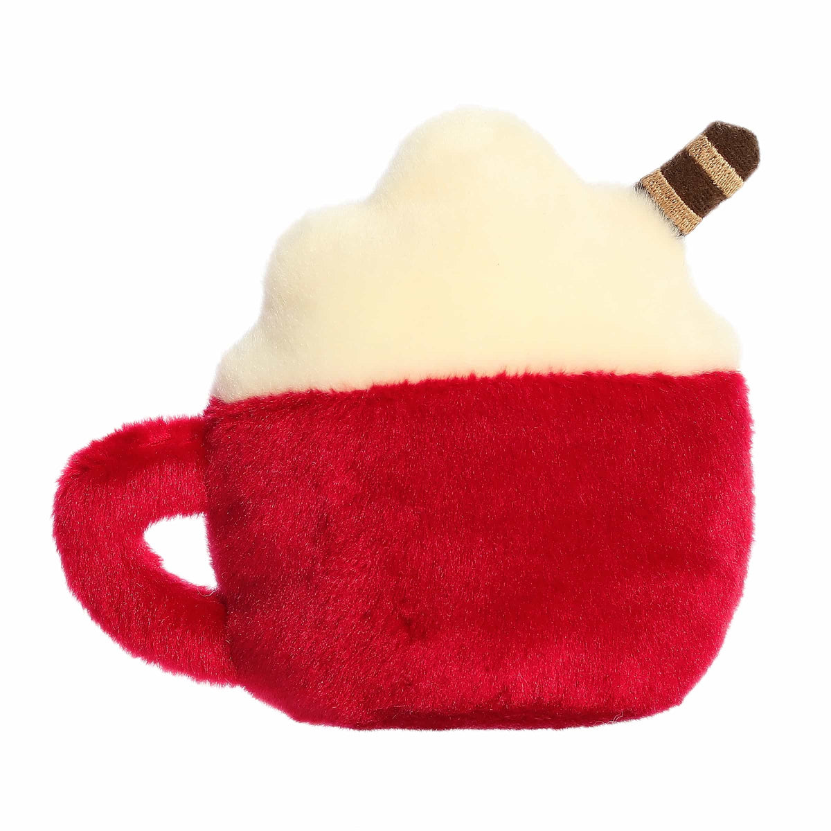 Plush toy shaped like a red cup with a white cream top on a white background