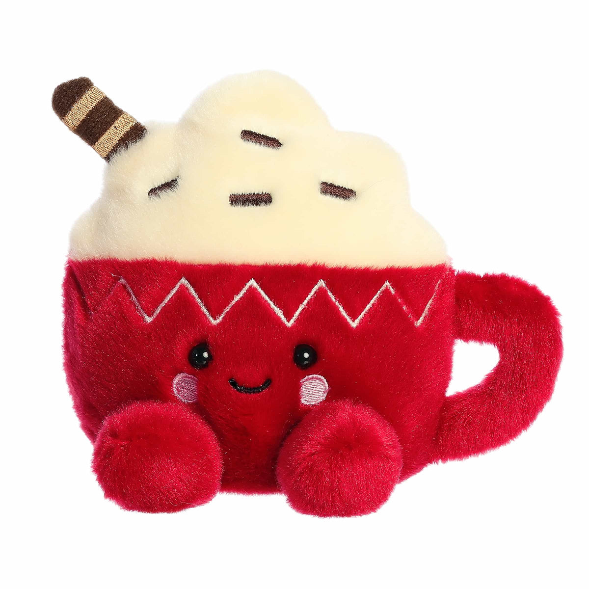 Plush toy resembling a red mug with whipped cream and hot chocolate on a white background
