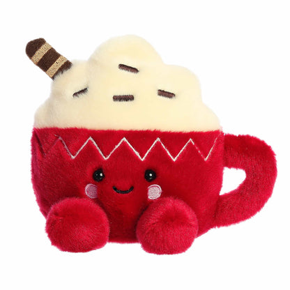 Plush toy resembling a red mug with whipped cream and hot chocolate on a white background