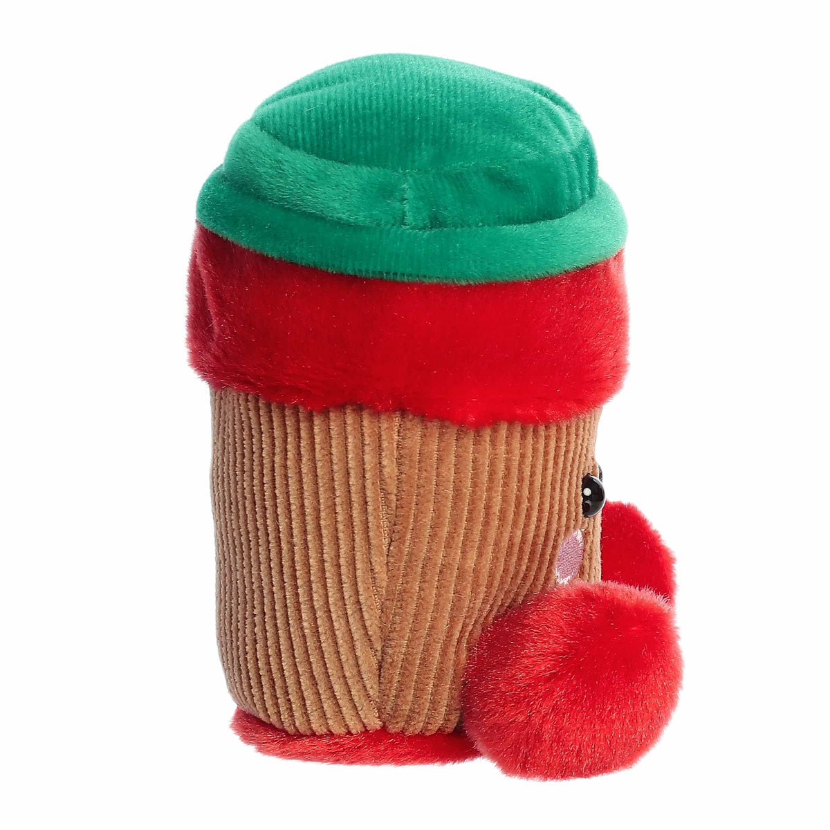 The right side profile view of the sitting Aurora Palm Pals coffee cup plush highlighting its thick red and green rim layers.